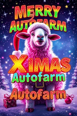 Design an over-the-top, 1990s-style movie poster featuring a flamboyant, festive sheep with Santa's jolly characteristics. Capture the campy, glitter-filled spirit of a holiday extravaganza. Display 'Merry Xmas Autofarm' prominently in bold, rainbow letters, surrounded by sparkling lights, glitter, and festive decorations. Use bright, vibrant colors and playful design elements to evoke a sense of retro holiday magic and fabulous fun