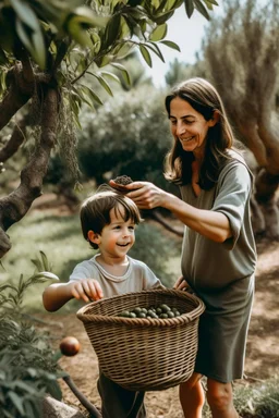 A mother picking olives from the tree and a son holding the basket sideways and happy