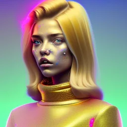 blonde woman teenager, few freckles, gold teeth, feather sweater, purpurin, retro futuristic, latex dress, gradient color, BLUE, PINK, CYAN, neon, insanely detailed, 16k resolution, perfect eyes, cinematic smooth, intricate detail