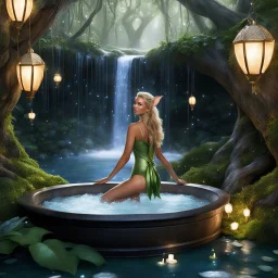 Jennifer Hawkins as a female Elf, graceful and ethereal, enters a bath on a platform nestled high in the trees of Lorien. The bathtub is a barrel, surrounded by shimmering leaves and the soft glow of magical lanterns, reflects the moonlight like liquid silver. The Elf, her skin radiant and her hair cascading like a waterfall of silk, steps into the warm water with a sigh of contentment.