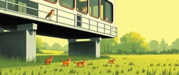 Show several tiny wildlife animals comfortably passing underneath the elevated structure, with birds perched on top and watching the commotion with curiosity. The environment is green countryside with trees and grass. Visual style: beautifully illustrated 1960s–1970s industrial safety manual mixed with optimistic retro-futurism, clean graphic composition, slightly absurd British public-information-film humor, detailed hand-drawn illustration, muted vintage printing texture, charming mechanical