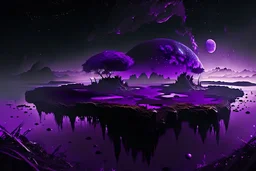 Floating Islands, Dark Purple and Black Night Sky, Stars, Space, Distant Alien Planets, Numerious Islands, Dead Grass, Dense Purple Fog, Standing on Island, First Person View