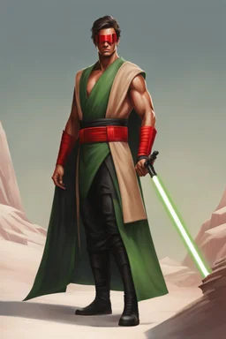 Full Muscular Body, Male Tan Human, Sith Empire, Red Bandage Blindfold. Green and Black Robes, Red Crossgaurd Lightsaber