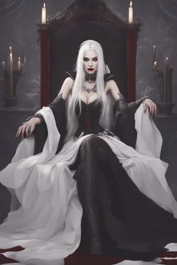 Vampire queen with white hair sitting on throne