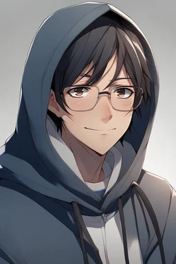 Anime man with glasses, wearing a hooded sweatshirt, slight smile