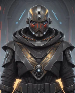 star wars bald male corellian jedi wearing gunmetal grey and black old republic armored flightsuit with gold and metallic red trim inside the jedi temple, centered head and shoulders portrait, hyperdetailed, dynamic lighting, hyperdetailed background, 8k resolution, volumetric lighting, light skin, fully symmetric details