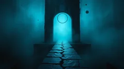 passage over nothingness, surreal, dark and cold abstract artwork dominated by deep blue, icy cyan, charcoal black and muted steel-grey tones. An narrow passageway emerges from an abstract distorted weird landscape, surrounded by thick fog and drifting mist. The space feels nightmare, alien and unsettling, with floating circle and line geometric forms, black onix column architectural fragmented and unnatural perspectives. At the center of the composition cracked stone way over abyss