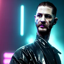 Actor, tom hardy, replicant man, blade runner style, rain, fog, neon ambient, gradient color, clean skin, circuits, latex coat, cyber punk, neon, tubes, portrait, studio photo, unreal engine 5, smooth color, 16 bit, god lights, ray tracing, RTX, lumen lighting, ultra deatail, volumetric lighting, 3d, finely drawn, hd.