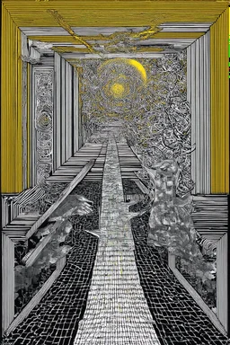 journey from internal to external locus of control; Neo-Surreal Symbolism of an existential nightmare inspired by Hundertwasser and Kandinsky; Golden Hour; Controversial; Supremely Detailed; Mendacious; Audacious; Whimsical; Pale Pastel on black and white