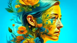 blue background, 18th century, double exposure, portrait Woman 43 years old, wind, flowers, tears, plants, yellow, blue, green, orange colors, bright, drops, detailed, fine drawing, high detail, high resolution, 8K, tattoo, city, double exposure,