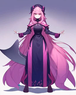 Tall and strong girl, has a big axe, she's hot but always looks nice!, she has pink eyes, very dark and long pink hair, her hair covers a little of her eyes, she has sharp teeth like a shark, she has a pinkish skin tone but nothing out of the ordinary, her clothes are masculine and cool