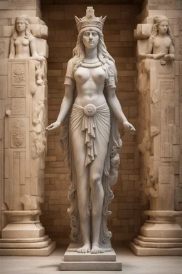 full body stone statue of Virgo Empress Kadosh Iesus Yeshiva Dictator of the Known Universe Queen of Heaven Ishtar Venus Ekadeshi Hathor Asherah Athena Ostara Qudshu Qetesh Britannia Columbia Goddess of many names in Hindu Egyptian Aztec Mayan Native American Japanese Yakut Ancient Greek style, statue, marble granite texture, pale white dull colours, photo-realistic, 50mm lens, f/2.8, natural soft lighting