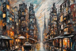 palette knife painting of a surreal futuristic cyberpunk city , in the Expressionist style of Egon Schiele, Oskar Kokoschka, and Franz Marc, highly detailed in muted natural colors with fine detail outlining and shading