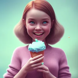 cute, adorable, smiling girl eating ice cream, candies flying all around her, Pixar, disney, cinema lighting, gaming, 8k, magic, love --q 1 --v 4