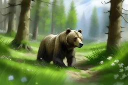 rysunek realizm Bieszczady las wiosna niedźwiedź