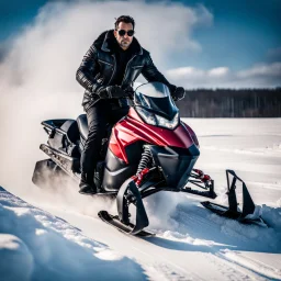 Handsome and muscular 40 year old Biker wearing a winter leather jacket and dark sunglasses riding a snowmobile, dark fantasy