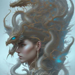 sango fantasy, fantasy magic, intricate, sharp focus, illustration, highly detailed, digital painting, concept art, matte, artgerm and paul lewin and kehinde wiley, masterpiece silver dragon head bronze Asian African nice breast Afo woman turquoise snow waves