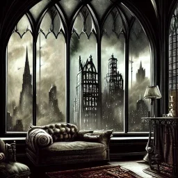  Living room with a big full wall window view on Gotham city , gothic architecture,interior design,point of perspective,by Jean Baptiste Monge, Epic cinematic, brilliant stunning, intricate, meticulously, detailed, dramatic atmospheric, maximalist digital matte painting