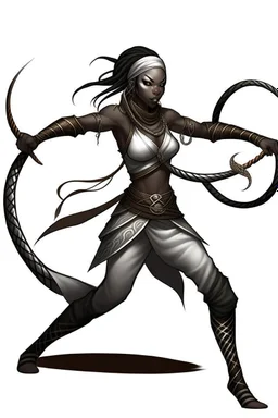 female gray skin Shadar-Kai wielding a Whip a whip made out of black thorns