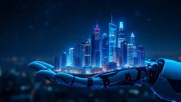 a huge modern city build on the open robotic hand ,blue sifi ,stars in dark night sky in blury background