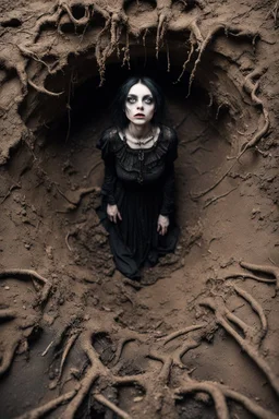 Closeup tall Girl goth with big eyes, fullbody, ragged clothes, behind mud and rats, extended like roots, the perspective looking up from the bottom of an empty well , 8k,macro photography,