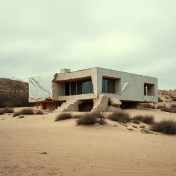 Fotografia sublime di una villa moderna brutalista con alluminio riflettente. La struttura è erosa e inglobata dal paesaggio naturale, come se il tempo o l'ambiente avessero iniziato a "riassorbirla". L'atmosfera è desolata e surreale, con un ambiente circostante spoglio e sabbioso hasselblad h6d400c