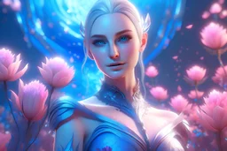 beautiful galactic goddess, full body, nice eyes, pure harmony, soft pink, soft blue, smile, galactic, magic, transcendent, divine, warm look, fantastic magical flowers background, ultra sharp focus, ultra high definition, 8k, unreal engine5background, colored lake, ultra sharp focus, ultra highextremely detailed CG unity 8k