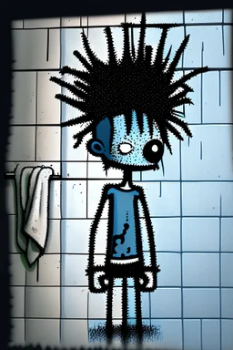 2d drawing of a stickman, cool with punk hair, x eyes like in hangman, dressed in a shower towel,leaning against a wall,3d realistic in colour