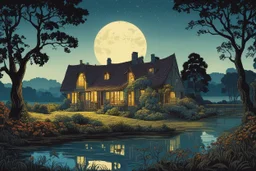 museum quality color woodcut landscape of a fanciful 1920's ramshackle French country cottage nestled on the banks of the Dordogne River, on a foggy moonlit night, in the style of Gustave Baumann, with a fine art aesthetic, highly detailed, finely cut ,8k render, soft early summer colors