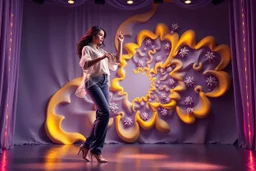 modern stage with gray-dark yellow blueish violet theme artistic decoration , color full dynamic lighting, a beautiful lady in pants and blouse with shining silver jewels dancing, 3D recursive fractal structure animating background