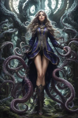 Girl wizard, feet point view, fullbody, tentacles out from her, intricate, macro photography,