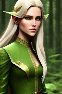 Elf Ranger, dnd character portrait, pale green eyes, blonde hair, earth tone clothes, hyperrealistic, intricate details, insanely detailed, forest background, natural lighting