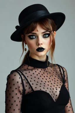 minimalism,amazingly beautiful fashion gothic girl closeup portrait wearing black luxury transparent cocktail dress, stunning black makeup, modern brown color hairstyle with a french hat