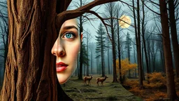 Intertwined: Woman and Forest in 3D Airbrushing This stunning double exposure image features a woman made of tree bark. It captures a vibrant forest landscape with deer under a full moon, accented with washed-out gold metallic effects that create a surreal, otherworldly atmosphere.