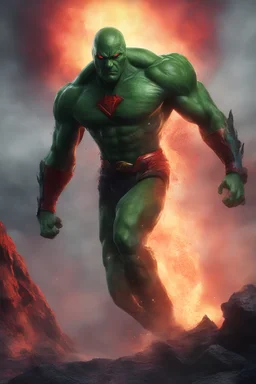 Martian Manhunter, Strong, athletic physique, action poses, battle scars, blood, foggy, cloudy background, multicolored lightning, flowing lava, Full Eclipse, aliens, explosions, bright, vibrant, extremely colorful, detailed, blood red skies. Mechanical v3.1, Botany v3, HDR v3, Whimsical v3, Festive v3, Horror v3, Dark Fantasy v3, Dreamland v3,