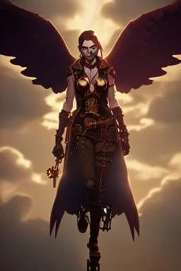 steampunk angel, pale, clouds, golden glow, majestic, heroic