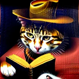 oil portrait of a cat with hat reading a book in a living room with fireplace and smoking a pipe by Diego Velázquez 8k