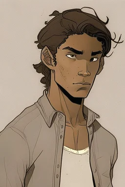 Appearance: Ari has a mixed-race skin tone with a light brown complexion. He has dark hair that falls in messy waves around his face, and his hair length could be somewhere in-between long and short. His face is thin with high cheekbones and dark eyes that are often full of emotion. He stands at around 5 feet 7 inches tall, with a lean build that suggests he doesn't engage in a lot of physical activity.