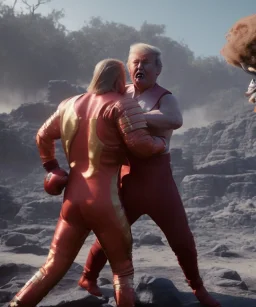 Donald trump wrestling, fighter, naked torso, color breeches, suspenders, retro style, 80s, hot ambient, photo studio, red, gold, explosion, vibrant color, gradient, highly detailed, art stations, explosions, concept art, smooth, unreal engine 5, god rays, ray tracing, RTX, lumen lighting, ultra detail, volumetric lighting, 3d, finely drawn, high definition, high resolution.