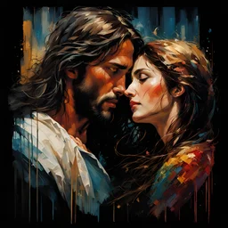 jesus crying with and hugging a woman at the gates of heaven, colorful :: by Robert McGinnis + Jeremy Mann + Carne Griffiths + Leonid Afremov, black canvas, clear outlining, detailed