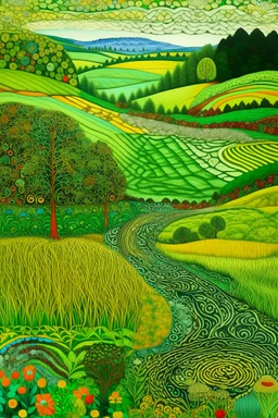 A green prairie with a river designed in African masks painted by Gustav Klimt