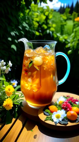 A tall pitcher of iced tea, with slices of lemon and peach floating inside, surrounded by a lush garden of blooming flowers.