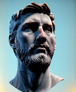 Ultra Realistic image, roman sculpture, marble deluxe material, Lionel Messi, Laurel leaves crown model, miguel angel style, chisel style, wide stripes brush blue paint, emperador, waist up portrait, cinematic lighting, God light, god rays, 4k resolution, smooth details, ornate details, soft lighting, unreal engine 5, sky background.