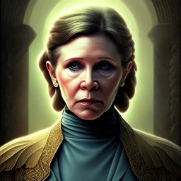 actress carrie fisher, ominous, waist up portrait, intricate, oil on canvas, masterpiece, expert, insanely detailed, 4k resolution, retroanime style, circular reflective eyes, cinematic smooth, intricate detail , soft smooth lighting, soft pastel colors, painted Renaissance style