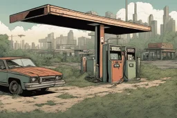 Gas station, overgrown apocalyptic city background,comic book,