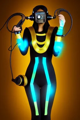 Realistic photograph. Geometric 3D tiling on the background, Egyptian woman, Whip. Bronze color, Yellow, Black Cyan. Cyber-punk full-mask. Big old AKG headphones, golden rings & disc. Selfie both hands. Asian, lightly armored, electronic circuits. Thick tights, thick calves, bend fell, wide hip, flat belly. Ancient artifact attached. Perfect body. Matrix movie clothes, Silver leather area, tippet, latex. Wicked sneakers. Daft Punk, Tron Movie. Haute Couture. 1990's. Ancient telephon