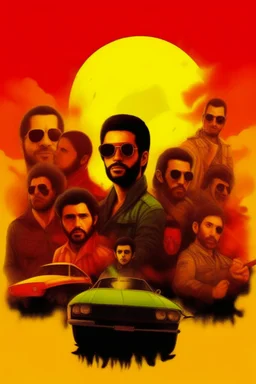 A poster of an arab movie, featuring a lot of arabs with sunglases, explosions, cars. The movie poster is in the style of indiana jones. Theres is a big title, rainbow colors. Takistan life, alpacino. Ninja Rabi.