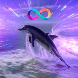 infinity symbol ∞ with vibrant powerful dolphin jumping out of the sea, striking, neon, chiaroscuro, dramatic, captivating, powerful, fantasy, beautiful, octane render, 16k post-production, artstation: award-winning: atmospheric: commanding: fantastical: clarity: ultra quality: striking: brilliance: stunning colors: amazing depth; lens: f/11, 35mm