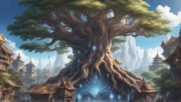Highly detailed painted anime final fantasy artwork style, Giant tree, gorgeous shiny crystal tree Yggdrasil, at the bottom medieval fantasy city