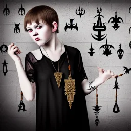 Realistic photo Russian shorthair tomboy with black magic evil forces amulet on the neck boyish face men's look boys face boylike in lacy girlish nightgown in girlish room with amulets of black magic and symbols of evil forces on the wall of the lord of evil and the king of the underworld of evil forces